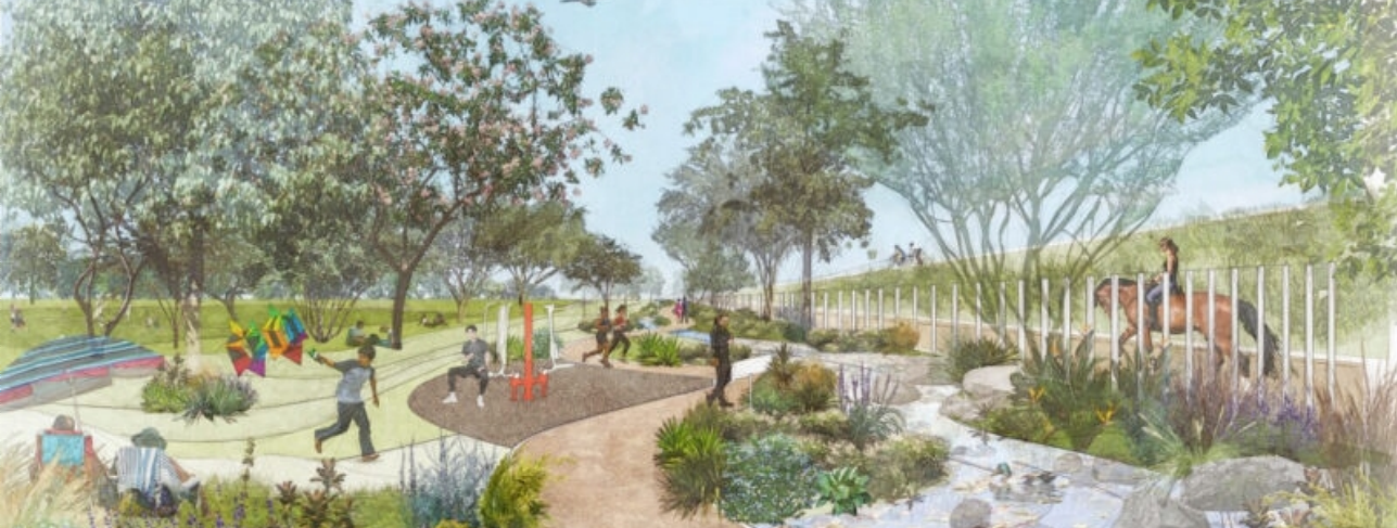 A painting of a park scene with people relaxing, kids flying kites, people exercising, and a person riding a horse. 